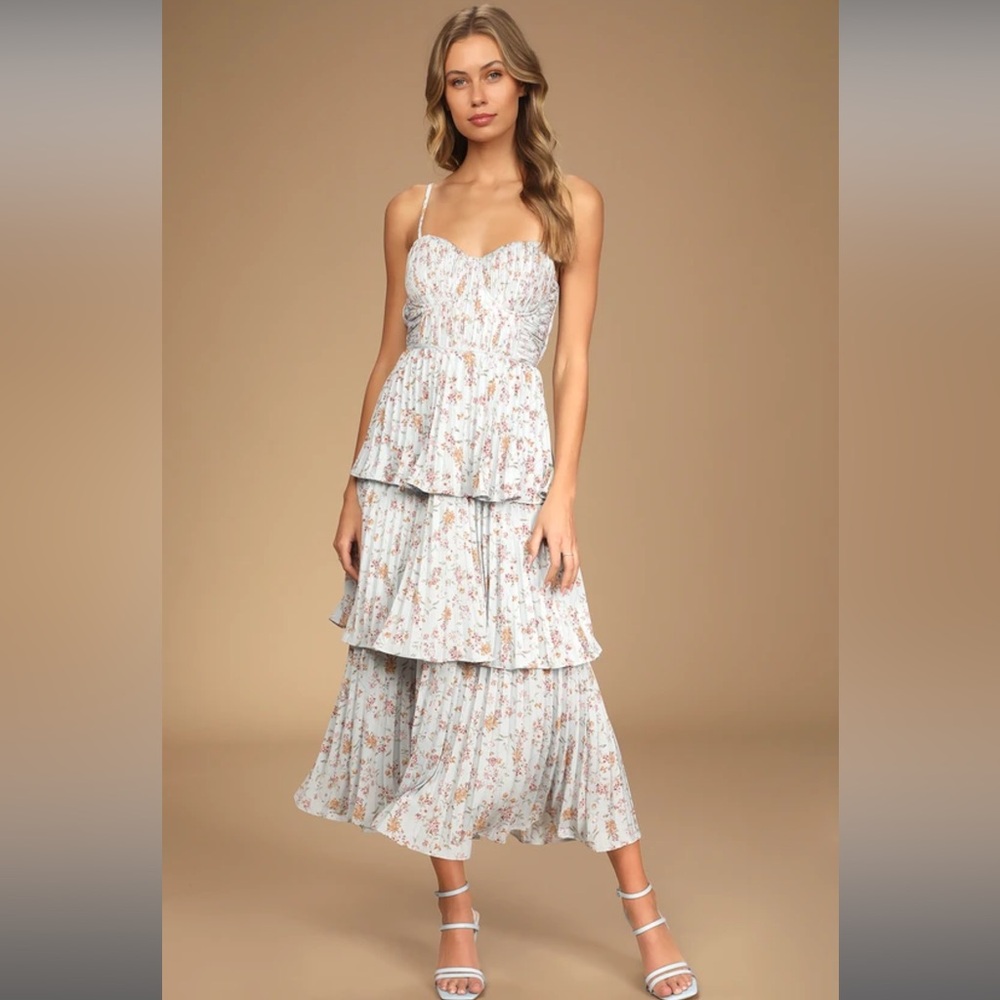 Cascading Crush Pale Blue Floral Print Tiered Bustier Midi Dress